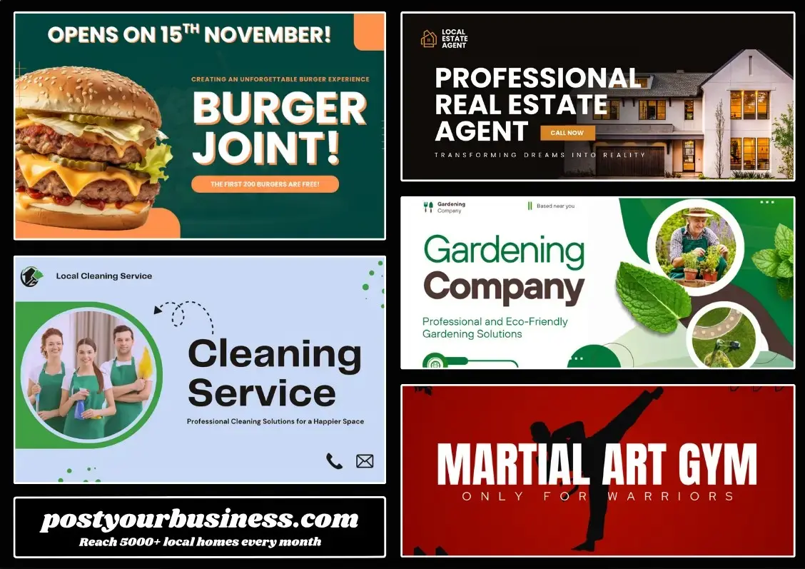 A4 postcard mockup showing multiple business advertisements